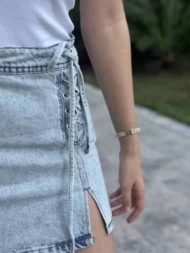 Buz Mavi Yanı Bağcık Detay Mini Kadın Jean Etek