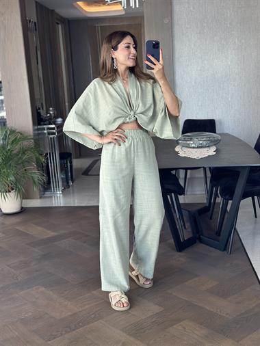 Çağla Belden Bağlamalı Bluz Pantolon Keten Kadın İkili Takım