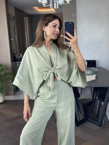 Çağla Belden Bağlamalı Bluz Pantolon Keten Kadın İkili Takım
