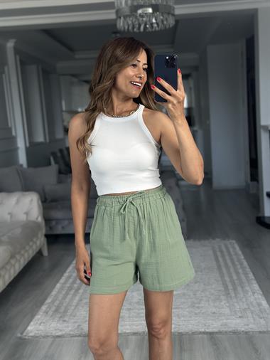 Çağla Beli Lastikli Müslin Kumaş Kadın Şort