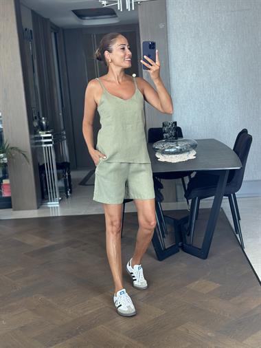Çağla Keten Çift Askılı Bluz Şort Kadın Alt Üst Takım