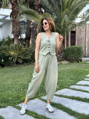Çağla Keten Dört Düğmeli Yelek Balon Pantolon Kadın Alt Üst Takım