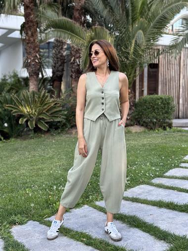 Çağla Keten Dört Düğmeli Yelek Balon Pantolon Kadın Alt Üst Takım