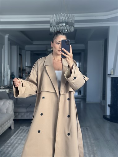 Camel Allerli Oversize Kuşaklı Uzun Kadın Trençkot