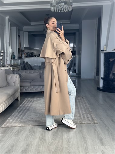 Camel Allerli Oversize Kuşaklı Uzun Kadın Trençkot