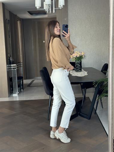 Camel Asimetrik Tek Cepli Dokulu Kadın Gömlek