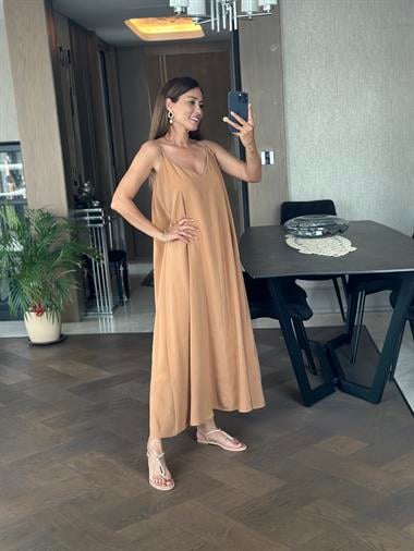 Camel Ayarlanabilir Askılı V Yaka Tnsl Maksi Boy Kadın Elbise
