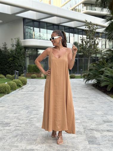 Camel Ayarlanabilir Askılı V Yaka Tnsl Maksi Boy Kadın Elbise