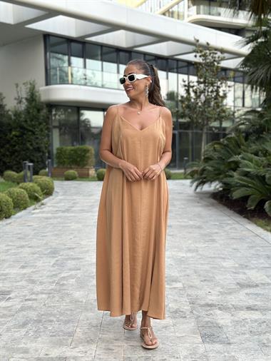 Camel Ayarlanabilir Askılı V Yaka Tnsl Maksi Boy Kadın Elbise