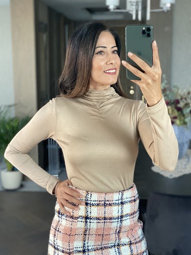 Camel Balıkçı Yakası Büzgülü Kadın Bluz