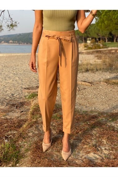 Camel Beli Lastikli Kumaş Pantolon