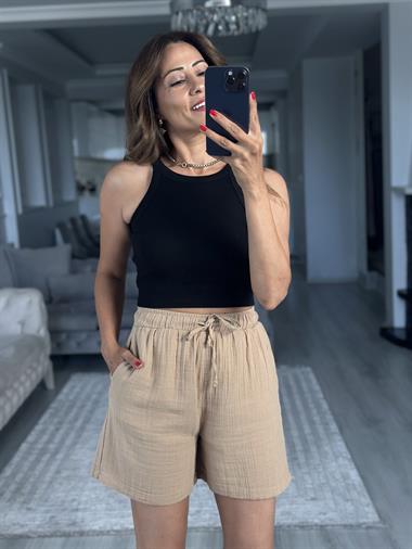 Camel Beli Lastikli Müslin Kumaş Kadın Şort