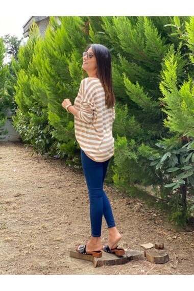 Camel Bisiklet Yaka Çizgili Merserize Bluz