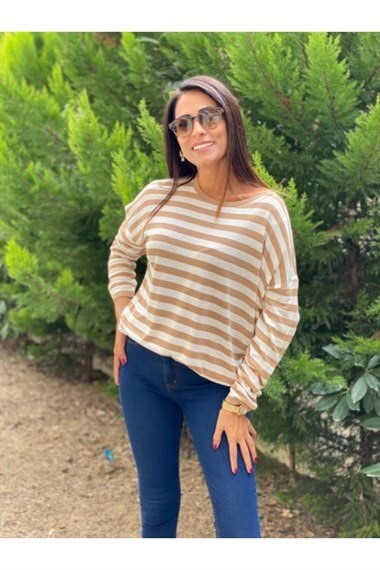 Camel Bisiklet Yaka Çizgili Merserize Bluz