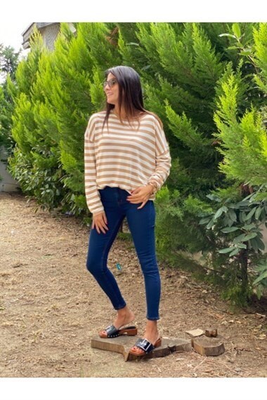 Camel Bisiklet Yaka Çizgili Merserize Bluz