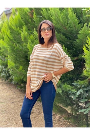 Camel Bisiklet Yaka Çizgili Merserize Bluz
