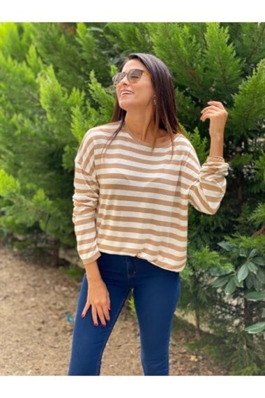 Camel Bisiklet Yaka Çizgili Merserize Bluz