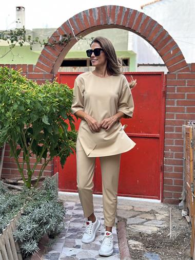 Camel Bisiklet Yaka Duble Kol Likralı Krep Kadın İkili Takım