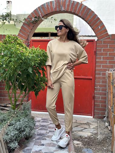 Camel Bisiklet Yaka Duble Kol Likralı Krep Kadın İkili Takım