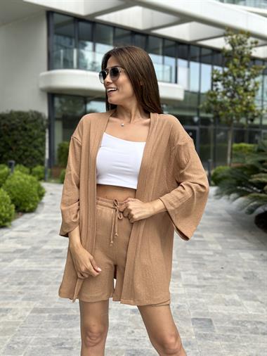 Camel Bürümcük Kimono Şortlu Kadın İkili Takım