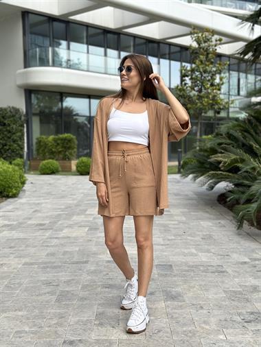 Camel Bürümcük Kimono Şortlu Kadın İkili Takım