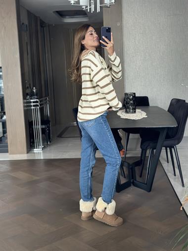 Camel Çizgili Fermuarlı Yakası Peluş Triko Kadın Kazak