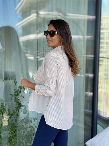 Camel Çizgili Gofre Kadın Gömlek