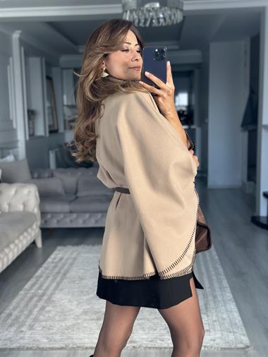Camel Çoban Dikişli Dik Yaka Kemerli Kadın Kaşe Panço