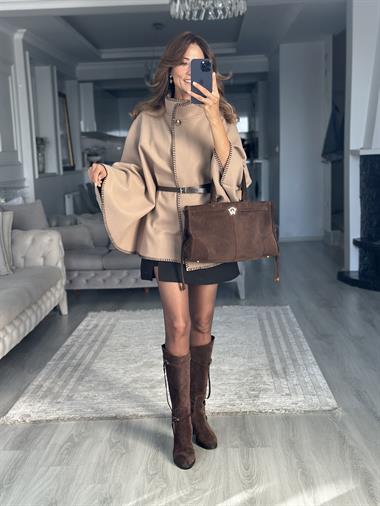 Camel Çoban Dikişli Dik Yaka Kemerli Kadın Kaşe Panço