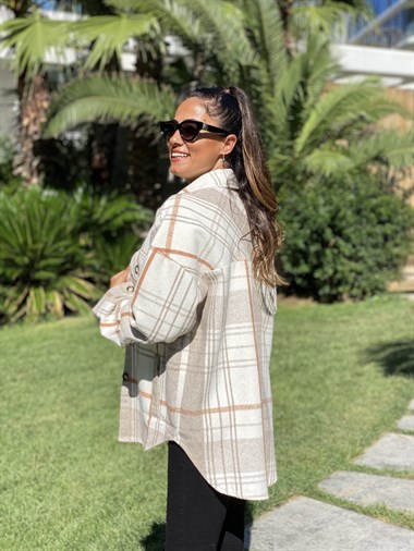 Camel Ekose Dört Cepli Kaşe Kadın Ceket