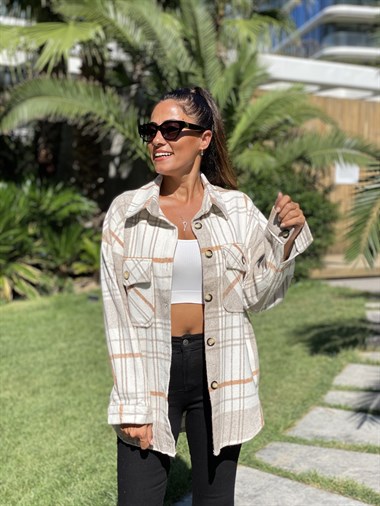 Camel Ekose Dört Cepli Kaşe Kadın Ceket