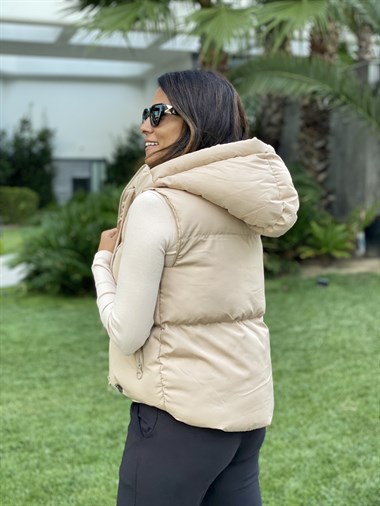 Camel Fermuarlı Kapüşonlu Kadın Yelek