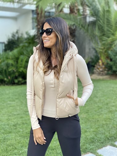 Camel Fermuarlı Kapüşonlu Kadın Yelek