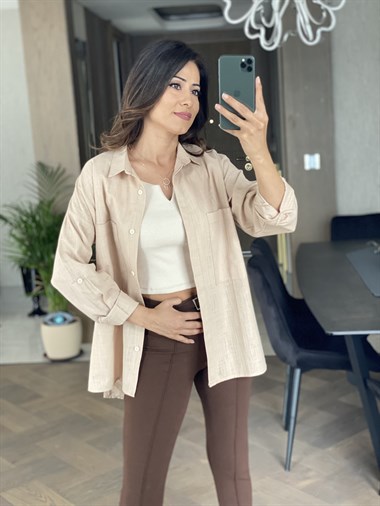 Camel İki Cepli Oversize Keten Gömlek