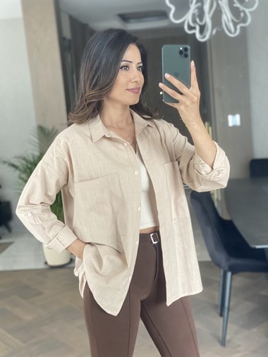 Camel İki Cepli Oversize Keten Gömlek