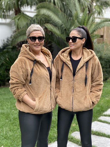 Camel Kapüşonlu Fermuarlı Tavşan Kadın Kürk Mont