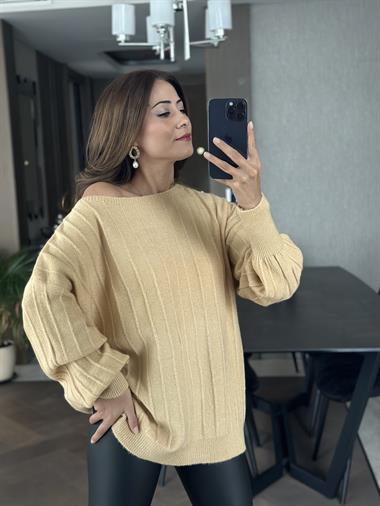 Camel Kayık Yaka Şardonlu Kadın Triko Kazak