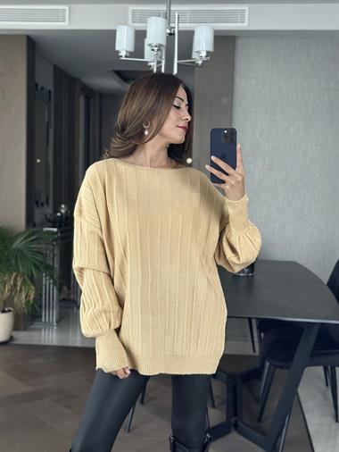 Camel Kayık Yaka Şardonlu Kadın Triko Kazak