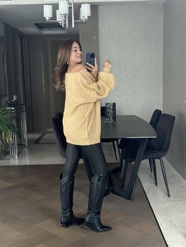 Camel Kayık Yaka Şardonlu Kadın Triko Kazak