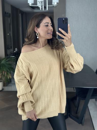 Camel Kayık Yaka Şardonlu Kadın Triko Kazak