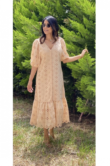 Camel Kısa Kol V Yaka Fisto Elbise