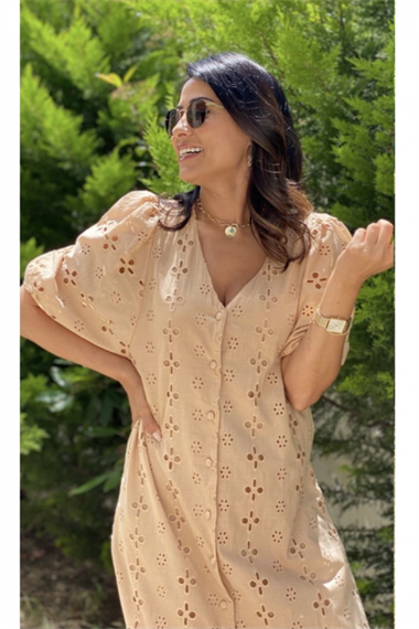 Camel Kısa Kol V Yaka Fisto Elbise