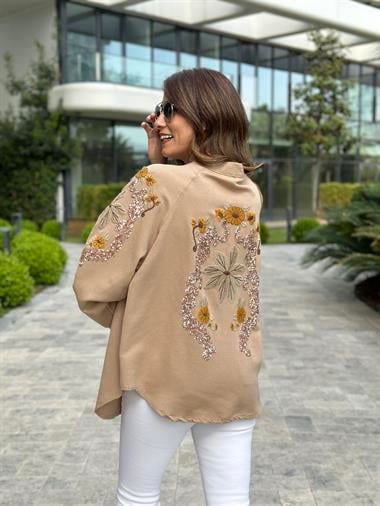 Camel Nakışlı Keten Kadın Kimono Ceket