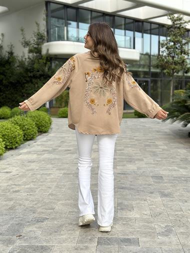 Camel Nakışlı Keten Kadın Kimono Ceket