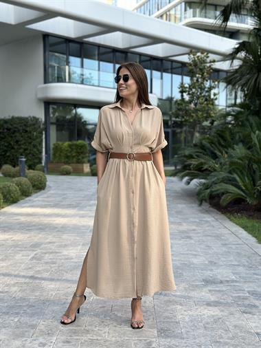 Camel Ön Ve Arka Pileli Kısa Kol Kemerli Kadın Gömlek Elbise