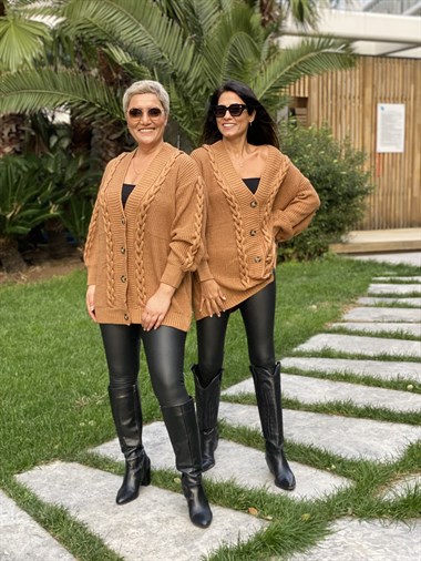 Camel Örgü Detay Düğmeli Triko Kadın Hırka