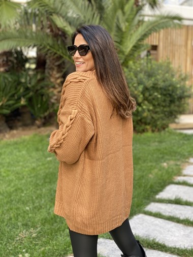 Camel Örgü Detay Düğmeli Triko Kadın Hırka