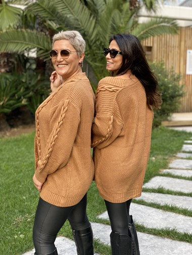 Camel Örgü Detay Düğmeli Triko Kadın Hırka