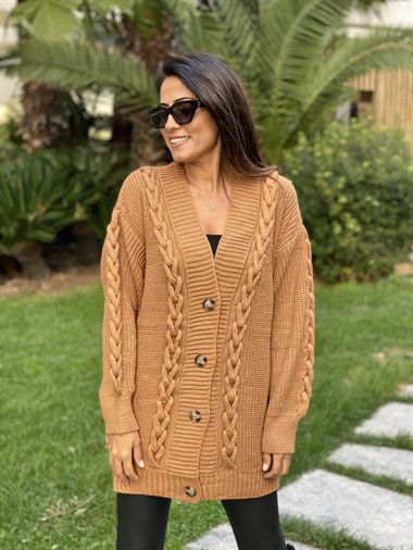 Camel Örgü Detay Düğmeli Triko Kadın Hırka