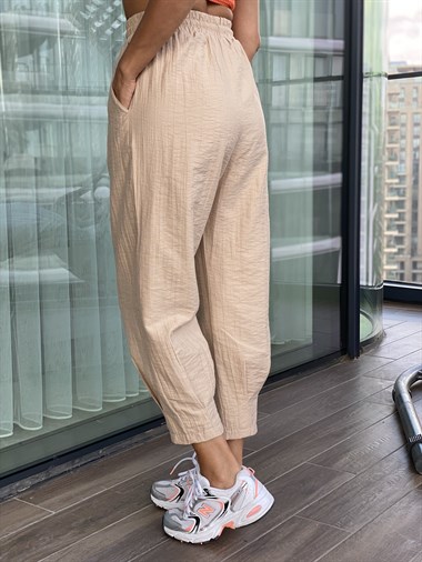 Camel Paça Pilili Keten Dokulu Kadın Pantolon
